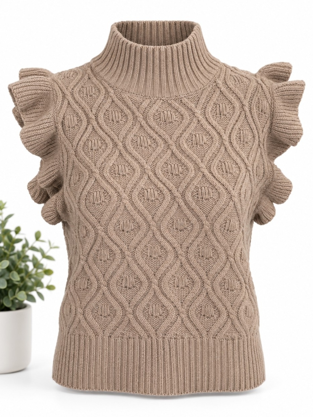 Women's Tan Sleeveless Ruffle Sweater Vest